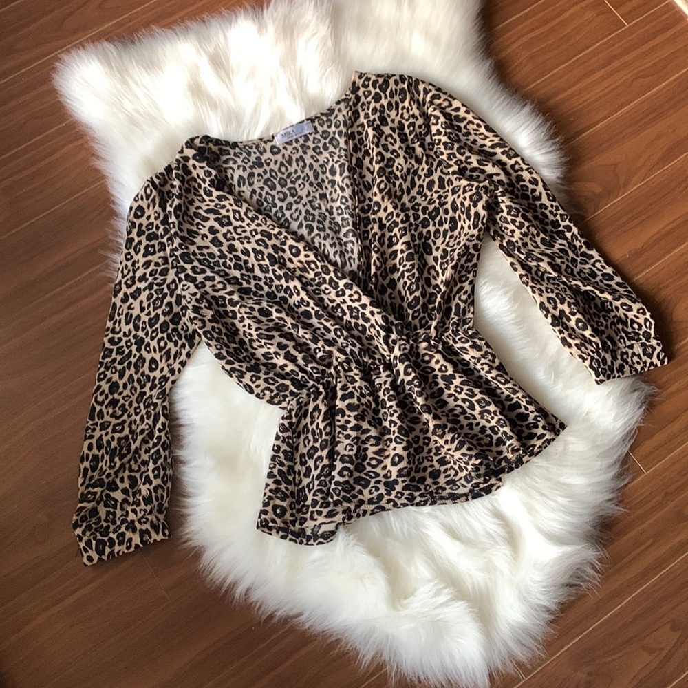 Leopard Shirt Peplum Style Brown Animal Print Long Sleeve Size